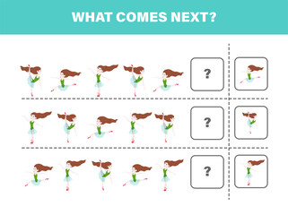 What comes next with cute dancing girl. Cartoon vector illustration. Logical worksheet for kids.