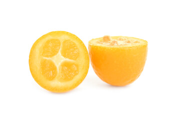 Fototapeta na wymiar Halves of fresh ripe kumquat on white background