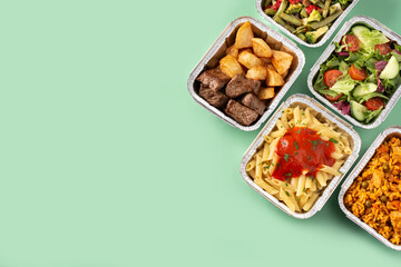 Take away healthy food in foil boxes on green background. Copy space