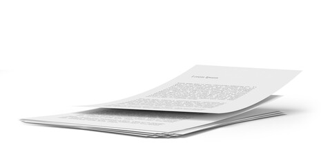 A disorderly stack of paper sheets isolated on a white background. 3d illustration