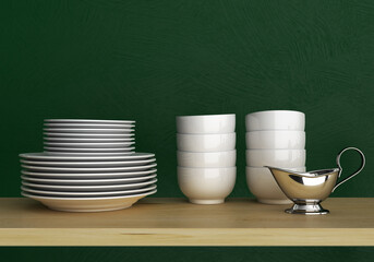 Dishes stands on a wooden shelf on a green wall background. 3d illustration