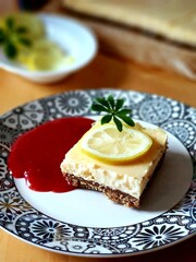 New York cheese cake with strawberry jam