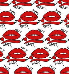 Seamless pattern or background with the image of red lips and chili peppers, black heart, the inscription hot baby. White teeth. Vector EPS10
