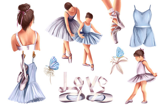 ballerinas set of elements. Tutu, pointe shoes, ballet flats, little ballerina, dancing
