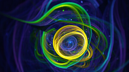 Abstract background, smooth multicolored lines on a black background.