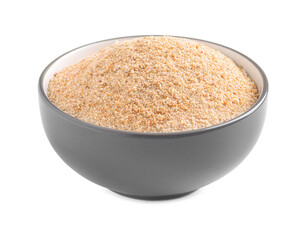 Fresh bread crumbs in bowl isolated on white