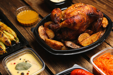 Plastic containers with different dishes on wooden table, closeup. Food delivery service