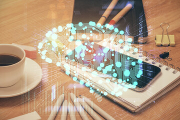Obraz premium Double exposure of brain theme drawing and cell phone background. Concept of information