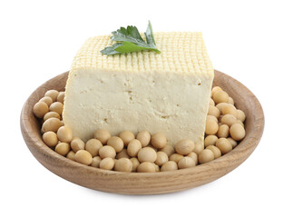 Piece of delicious tofu with parsley and soy on white background