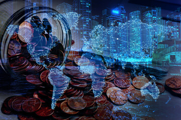 Multiple exposure of coins, world map and cityscape. Online payment concept