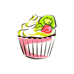 Cupcake, cake with pistachio cream, garnished with kiwi and strawberry pieces. Isolated vector illustration, sketch for menus and teahouses