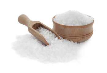 Fototapeta na wymiar Natural salt in bowl and scoop on white background