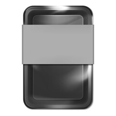 Black plastic food container box with transparent film top and blank label isolated on white background, realistic vector mockup