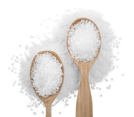 Fototapeta na wymiar Natural salt and spoons on white background, top view