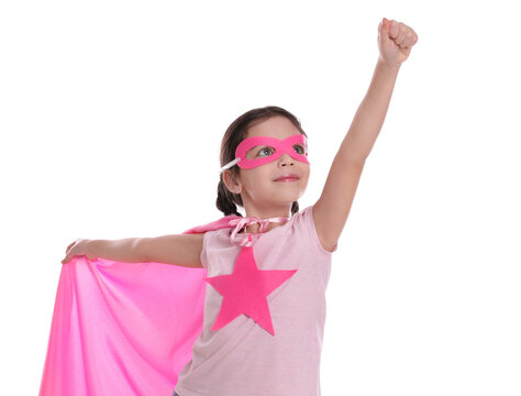 Cute Little Girl In Superhero Suit On White Background