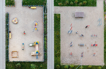 Green playground with kid aerial top view. Modern architecture. Play ground with grass texture backdrop for activity, fun, sport. Plan, real map element.