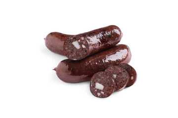 Cut and whole tasty blood sausages on white background