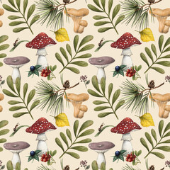 Forest herbs and mushrooms pattern beige background