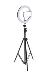Obraz premium Modern tripod with ring light and smartphone isolated on white