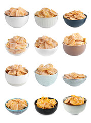 Set with sweet dried jackfruit slices in bowls on white background