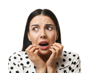 Young woman feeling fear on white background