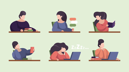 Students lecture. Lazy teens people studying in university lecture hall persona male and female sleeping talking garish vector flat stylized characters