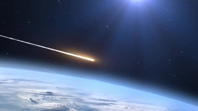 Meteor Asteroid  Entering Earth Atmosphere 
,Realistic vision of Meteorite burning on fire while entering earth blue atmosphere outer space view

