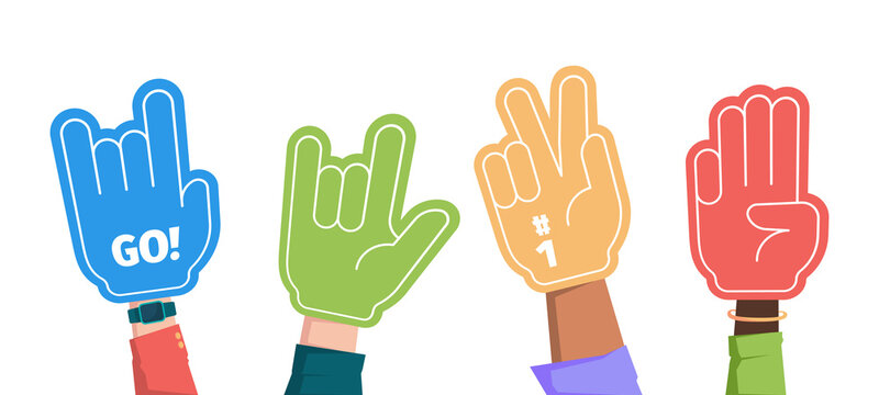 Sport fans. Crowd hands gestures gloves foam fingers supporting team garish vector flat illustrations collection