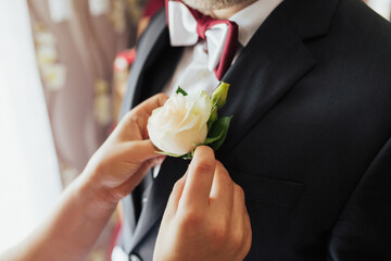Hands of bride corrects boutonniere from white rose on groom's wedding jacket before wedding ceremony. - Powered by Adobe