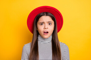 Portrait of attractive worried outraged puzzled long-haired girl bad news reaction isolated over...
