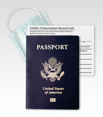 COVID-19 Vaccination Record card with US Passport and medical or surgical mask isolated on white background including clipping path. Immune passport or certificate.