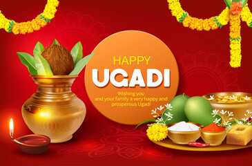 Greeting card with Kalash and traditional food pachadi with all flavors for Indian New Year festival Ugadi (Gudi Padwa, Yugadi). Vector illustration.