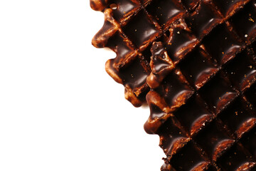 Delicious Brussels waffle in chocolate on a white plate with space for text. Top view. Closeup