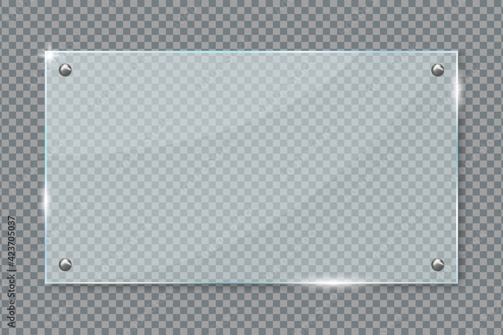 Poster glass plate hanging on wall isolated transparent background. acrylic or plexiglass plates with gleam