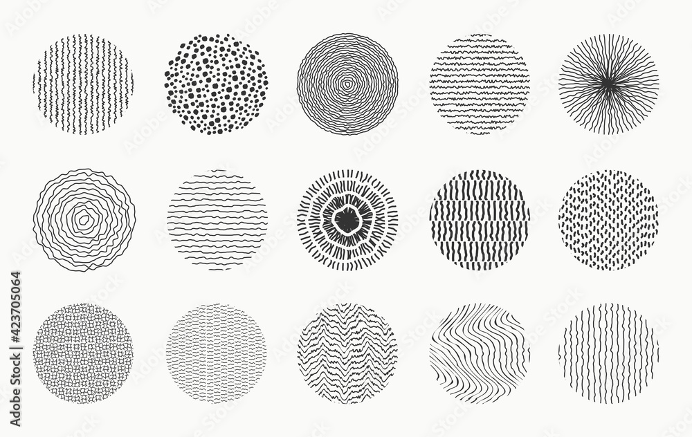 Poster Set of doodle round patterns. Abstract shapes and design elements made by spots, dots, curves and lines. Trendy pattern for poster, social media and other designs. Vector illustration.