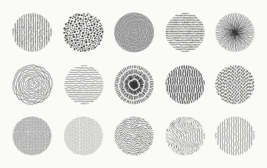 Set of doodle round patterns. Abstract shapes and design elements made by spots, dots, curves and lines. Trendy pattern for poster, social media and other designs. Vector illustration.