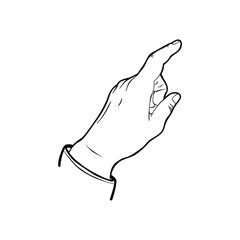 Hand with forefinger extended, pointing or clicking on something, vector illustration in sketchy black and white style, isolated line art