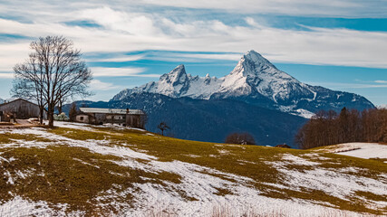 Beautiful winter landscape near Berchtesgaden, Bavaria, Germany with the famous Watzmann summit in the background