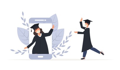 Online graduation ceremony, happy smiling graduate students with diploma, graduate hat stand at phone screens. Diverse young people remote virtual celebration meeting during quarantine
