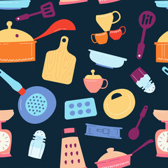 Seamless pattern of kitchen utensils for home cooking.