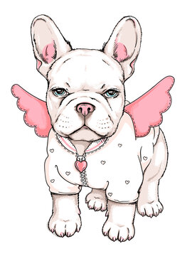 Cute french bulldog puppy in an angel costume. Vector illustration in hand-drawn style. Image for printing on any surface
