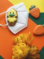 Easter face protective mask. Funny easter bunny in a mask