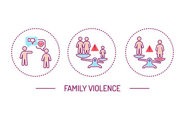Family violence color line icons concept. Harassment, social abuse and bullying. Isolated vector element. 