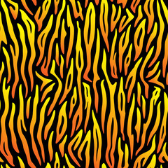 Seamless pattern. Imitation of skin of tiger. Neon orange and yellow stripes on black background. Colorful animal print. Print of fire, flame.