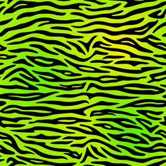 Seamless pattern. Imitation of skin of tiger. Black stripes on neon green and yellow background. Colorful animal print.