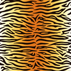 Seamless pattern. Realistic imitation of skin of tiger. Black stripes on orange and white background. Animal print.