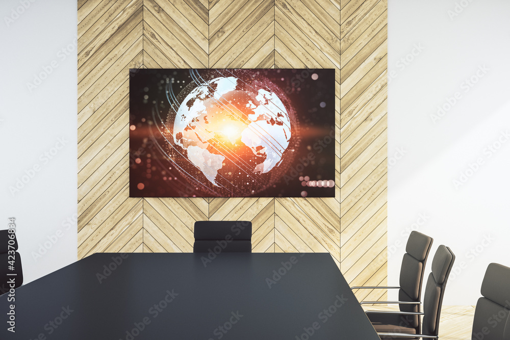 Poster abstract graphic world map on presentation monitor in a modern boardroom, connection and communicati