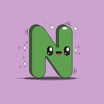 3D uppercase letter N in kawaii style. Isolated letter with pastel colored background.