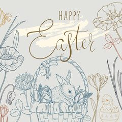 Happy easter. Vintage banner with rabbit and spring flowers
- 423707043