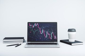 Creative abstract global crisis chart with world map sketch on modern laptop monitor, falling markets and collapse of global economy concept. 3D Rendering